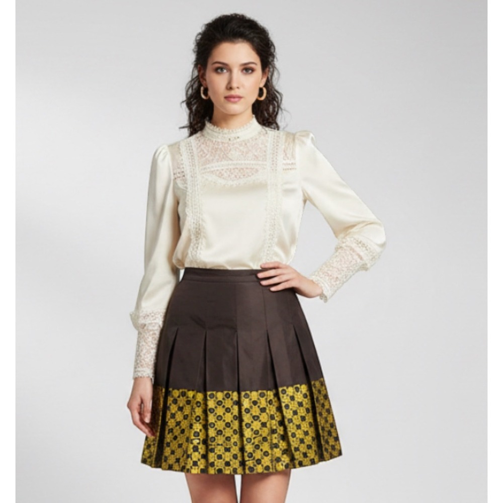 CARLISLE A-Line Skirt BLACK/GOLD DOTS Pleated SATIN Knee Length COCKTAIL sz 4